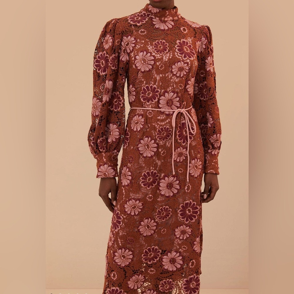 NWT Farm Rio Brown Gigi Tapestry Guipure Midi Dress - Picture 2 of 16